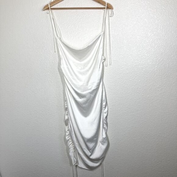 LEAU Dress Womens Small White Satin Cowl Neck Ruched Drawstring Slip Tie Straps - Picture 2 of 16